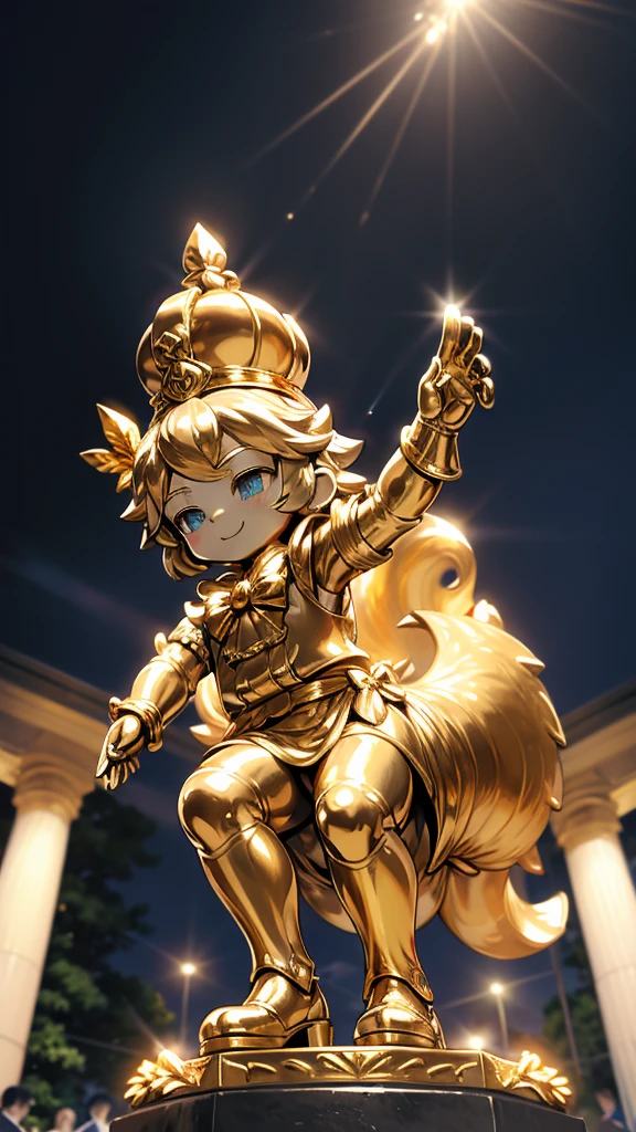 一个男孩的Gold statue旁边停着一只燕子。王子的Gold statue，Prince style，Prince costume，Court dress，Gold statue，男孩的Gold statue，带着黄金冠冕的Gold statue，脚边停着一只燕子的Gold statue，Golden Boy Statue，Gold statue，cute男孩，British style，Victorian style，crown，crown，Golden Boy Sculpture，Golden Boy Statue，Gold statue，shotaGold statue，cute男孩，cute，cute，cute，cute，shota，cute男孩，cute男孩，Moe，Giant golden statue，Giant golden statue，Outdoor Background，Smiling statue，Close-up above the waist镜头，Close-up above the waist