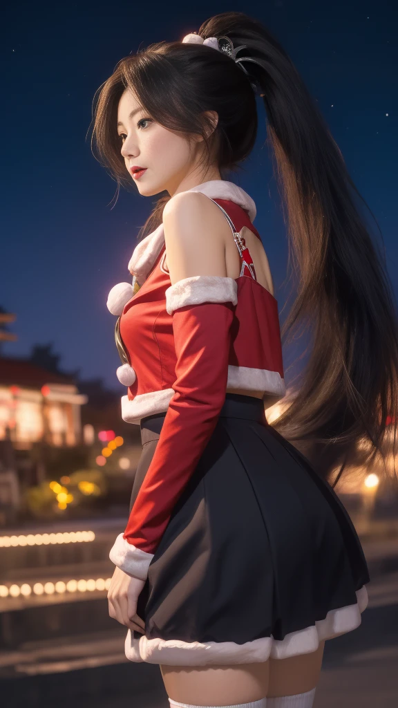 1 Girl, Long hair, skirt,Hair accessories, city View, night, , Boss,白色skirt,Ponytail,,blue eyes,Ponytail, Mrs. Claus,Christmas,