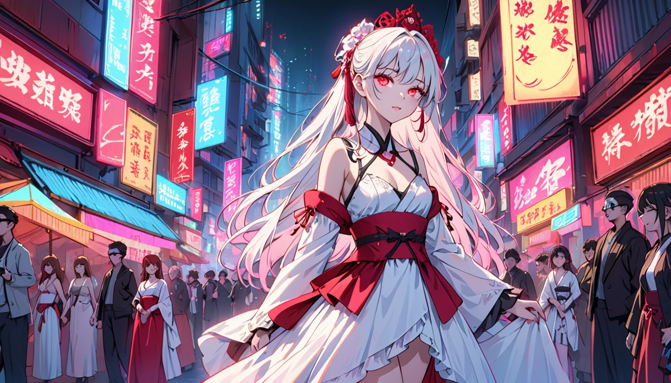 A girl dressed as a courtesan, teenager, one person, cyberpunk, red eyes, glowing eyes, neon street, courtesan procession