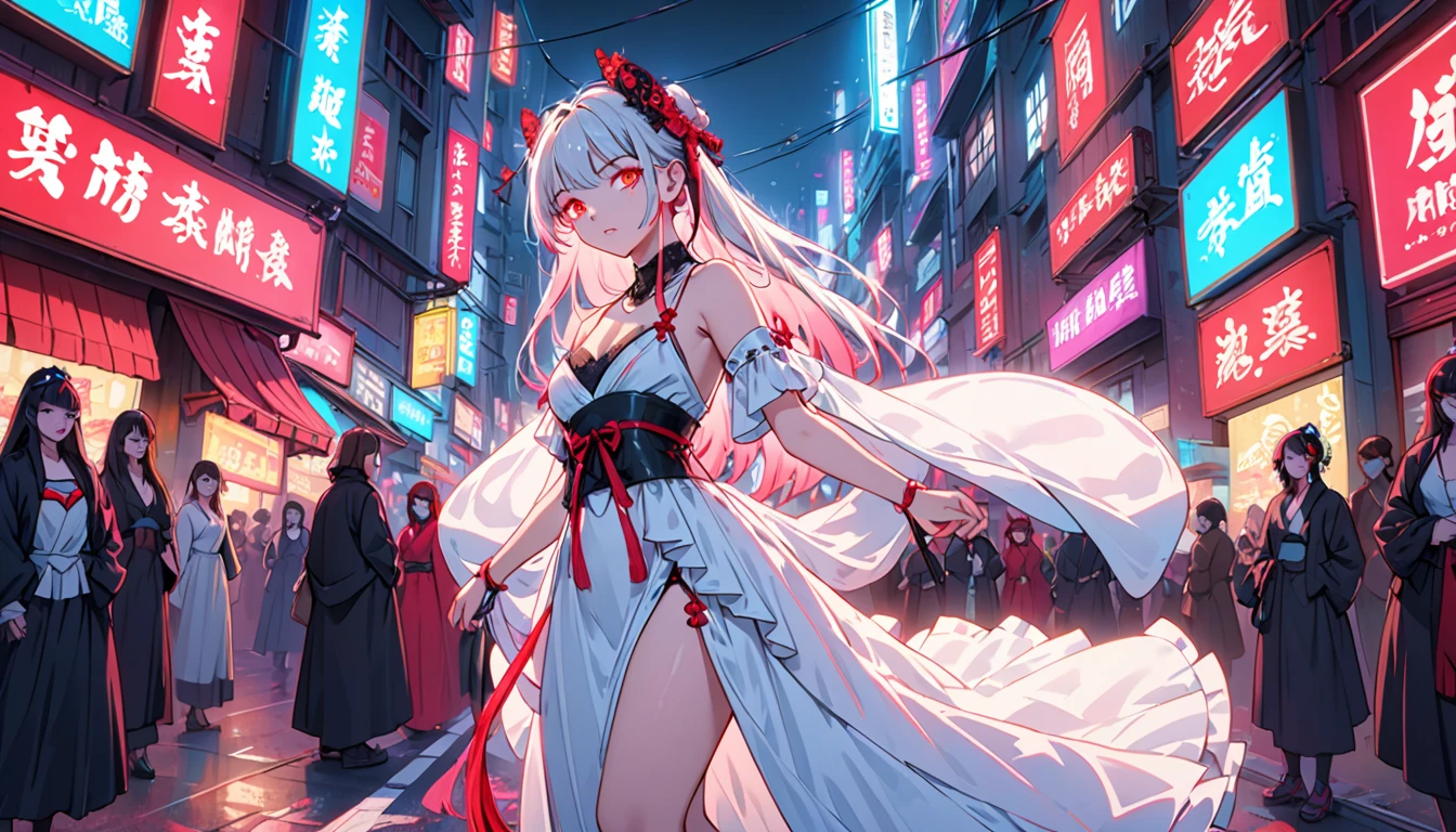 A girl dressed as a courtesan, ager, one person, cyberpunk, red eyes, glowing eyes, neon street, courtesan procession