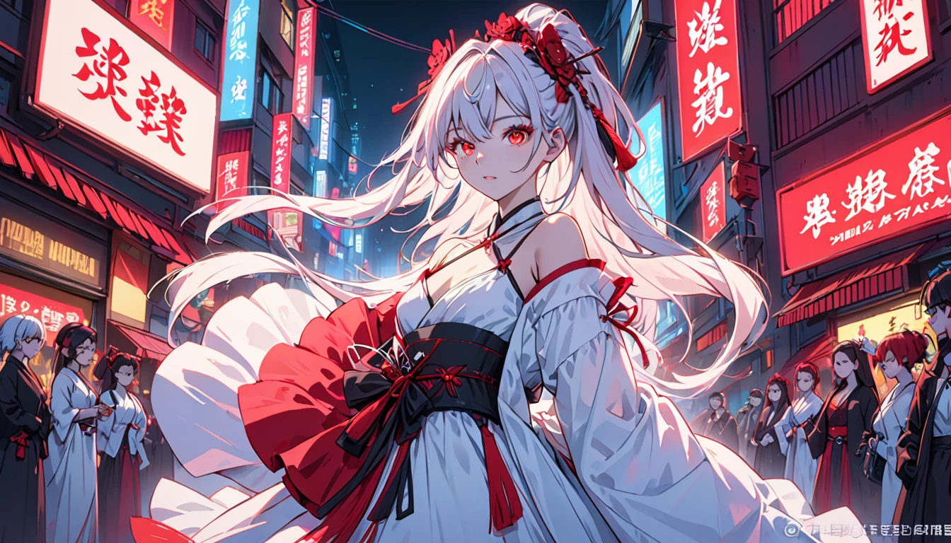 A girl dressed as a courtesan, teenager, one person, cyberpunk, red eyes, glowing eyes, neon street, courtesan procession