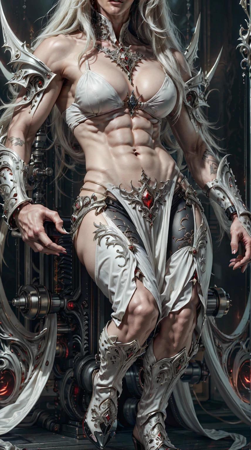 (megan fox:1.25), (muscular:1.5), (full body view:1.25), (masterpiece:1.1), (best quality:1.1), (ornate:1.1), (red and black coloring:1.26), BREAK, (horror:1.0), (esoteric:1.1), (solo:1.4), (dynamic angle:1.0), (cowboy shot:1.0), (woman:1.1),(very muscular bodybuilder girl:1.25), (huge upper body:1.25), (narrow hips:1.0), long hair, (gothic intricate vampiric armor:1.25), (gauntlets:1.0), (shoulder armor:1.1), ((tarot style frame:1.25)), (glowing red eyes:1.25), (huge muscular arms:1.5,), (10-pack abs:1.4), (lots of veins:1.25), thin legs, Realistic, Very detailed face and eyes, masterpiece, (beautiful girl face:1.25)
