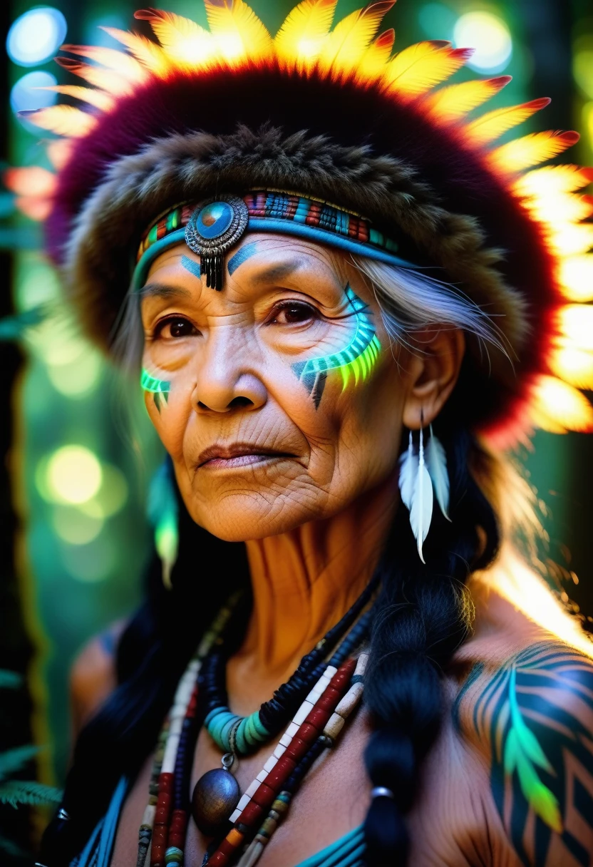 Generate an image of an older woman, similar to an avatar, with indigenous fur adorned with intricate details., multicolored photoluminescent tattoos, surrounded by magical glow in a mystical forest. Convey an air of mystery and fantasy through your expressions and environments.