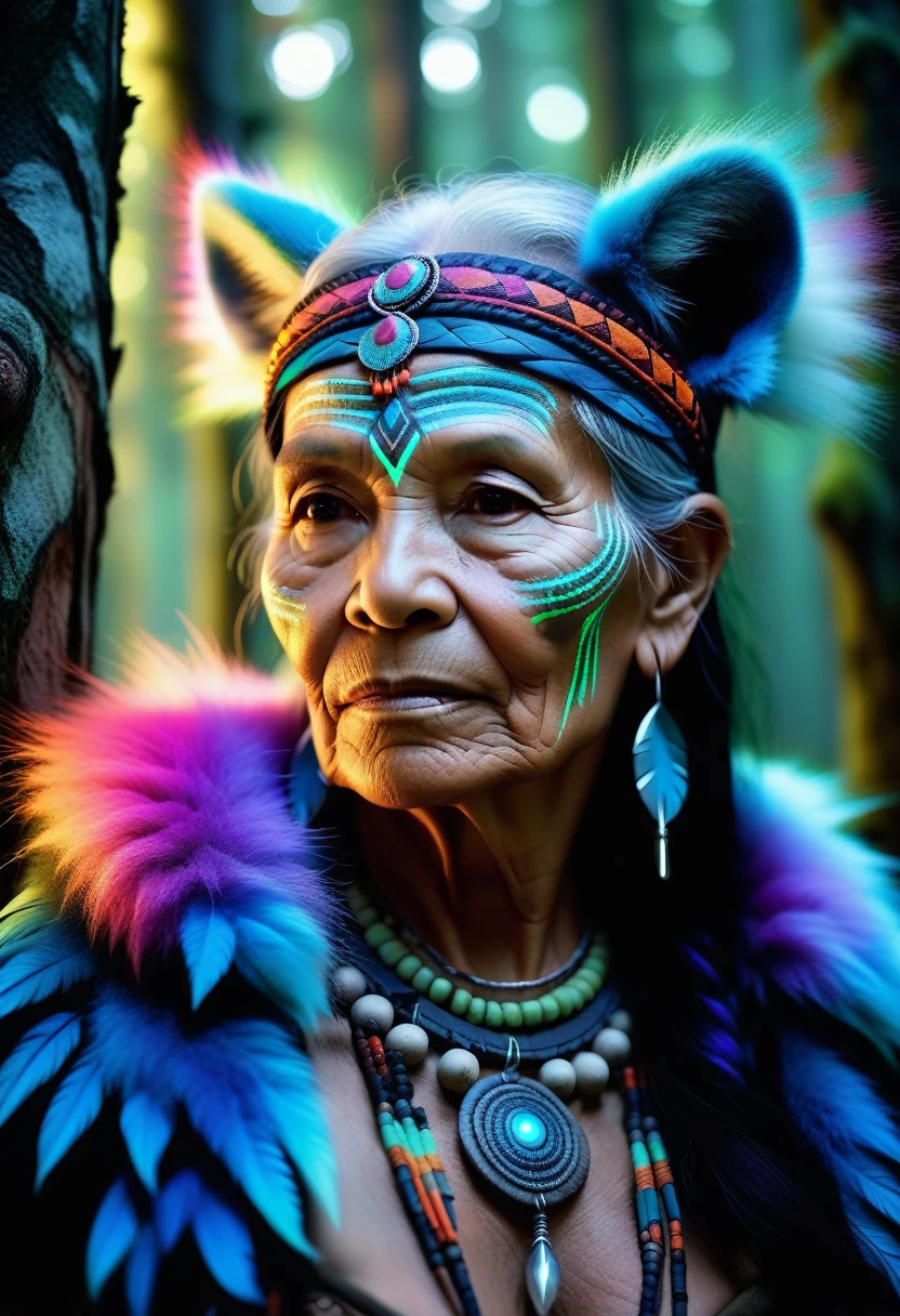 Generate an image of an older woman, similar to an avatar, with indigenous fur adorned with intricate details., multicolored photoluminescent tattoos, surrounded by magical glow in a mystical forest. Convey an air of mystery and fantasy through your expressions and environments.