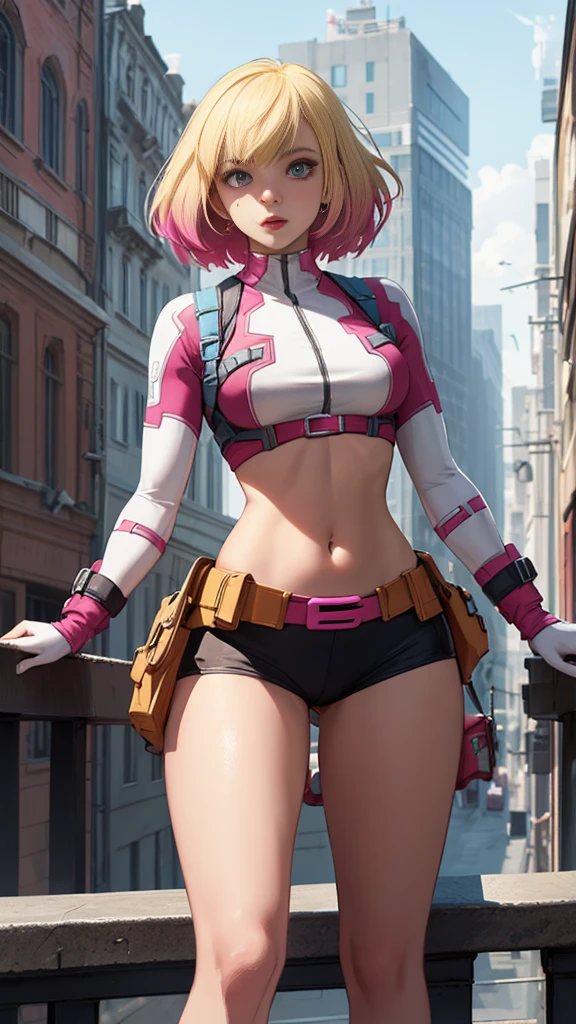 (Highly quality, masterpiece, detailed), city detailed scenario, city detailed background, solo, gwenpool, blonde hair, multi colored hair, 1woman, crop top, two-tone, navel, perfect face, beautiful eyes, look at the viewer, Sexy pose