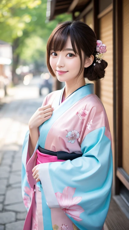 Highest quality、8k wallpaper、Reality:1.4、Photographed by a professional photographer、Photographed in natural light、View your viewers、background:Kyoto street corner、1 beautiful girl、Japanese Idol、30 years old、Beautifully detailed eyes、Detailed face、Beautiful Skin、Slender、Slim waist、Thin legs、Lip balm、Blonde: 1.8、Bobcut、Asymmetrical bangs、Hair decorated with elegant and delicate hairpins、A pink kimono with a vibrant traditional pattern:1.2 、smile:1.5