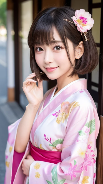 Highest quality、8k wallpaper、Reality:1.4、Photographed by a professional photographer、Photographed in natural light、View your viewers、background:Kyoto street corner、1 beautiful girl、Japanese Idol、30 years old、Beautifully detailed eyes、Detailed face、Beautiful Skin、Slender、Slim waist、Thin legs、Lip balm、Blonde: 1.8、Bobcut、Asymmetrical bangs、Hair decorated with elegant and delicate hairpins、A pink kimono with a vibrant traditional pattern:1.2 、smile:1.5