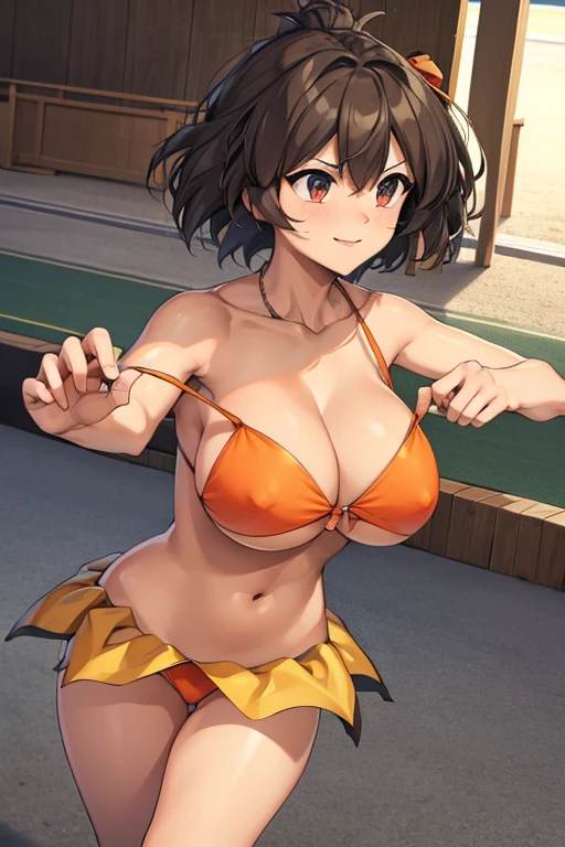 masterpiece, high resolution, best quality, rendered art, beautiful art, well formed fingers,body and hands, 1 woman, solo, Haruhi Suzumiya, adult,  up, wearing Mii's outfit, big breasted, cleavage, sexy and skimpy jungle bikini, pelvic curtain, bikini thong, hair ribbon, sexy and gorgeous hips, legs and thighs,doing exercise, warming up, fighting in a combat match, showing her fighting skills, making her guard, about to hit the viewer, looking at the viewer, sweating, bouncing breasts, smiling joyfully and brightly, being confident and proud, action and fighting scene, martial arts arena with beach environment      