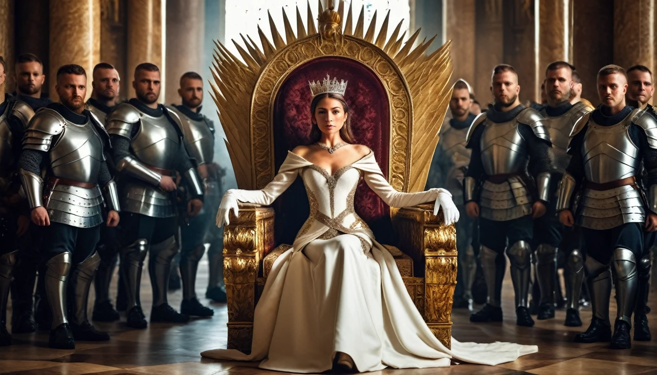 full body, realistic photo of the queen of a fantasy kingdom wearing a crown sitting on a throne chair, hands holding the power of light, surrounded by powerful soldiers who faithfully guard her with armour, with a magical face looking at the camera, in a magnificent royal palace, very realistic photo,relastic, sharpness and smooth picture look so hd