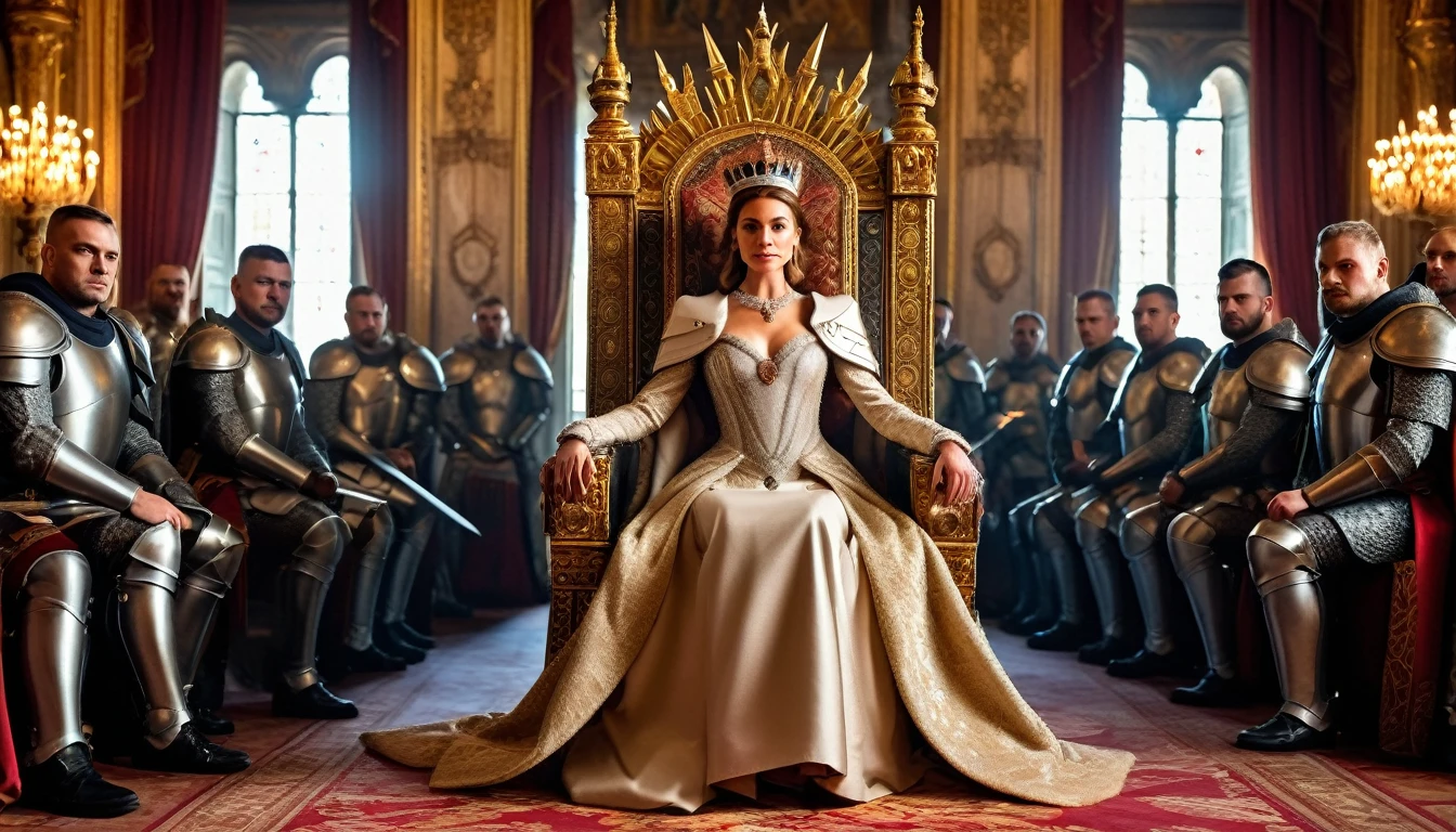 full body, realistic photo of the queen of a fantasy kingdom wearing a crown sitting on a throne chair, hands holding the power of light, surrounded by powerful soldiers who faithfully guard her with armour, with a magical face looking at the camera, in a magnificent royal palace, very realistic photo,relastic, sharpness and smooth picture look so hd