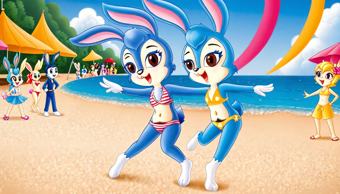 (masterpiece), ((best quality), ((high resolution)), (Extremely detailed CG unity 8k wallpaper), A crowd,five characters, Animal ears,open mouth,Rabbit ears,Smile,hairy,Brown eyes,Look at the camera,Smile,happy,Perfect hands,Perfect feet,Animal nose,Bunny Girl,Blue fur,,Blue Hair,Tail,Beach,seaside,stars and stripes bikini,Smile,Elated,Dance,Smile,