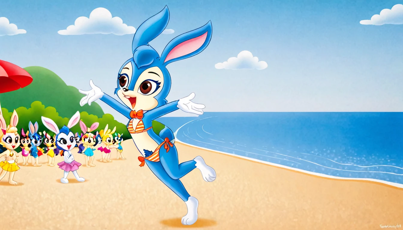 (masterpiece), ((best quality), ((high resolution)), (Extremely detailed CG unity 8k wallpaper), A crowd,five characters, Animal ears,open mouth,Rabbit ears,Smile,hairy,Brown eyes,Look at the camera,Smile,happy,Perfect hands,Perfect feet,Animal nose,Bunny Girl,Blue fur,,Blue Hair,Tail,Beach,seaside,stars and stripes bikini,Smile,Elated,Dance,Smile,