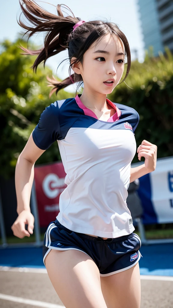 1 Girl, alone, running, Grey Track Top, Pink shorts, ponytail, Athletic build, Dynamic brushwork, Fluid movement, Capture the essence of her athleticism and energy, Use bright and soft colors、Creates a dreamy and fantastical atmosphere, portraying the motion and grace of running, showing the wind blowing her ponytail and clothes, And the surrounding landscape.
Outdoor, Detailed Background, Modern metropolis,