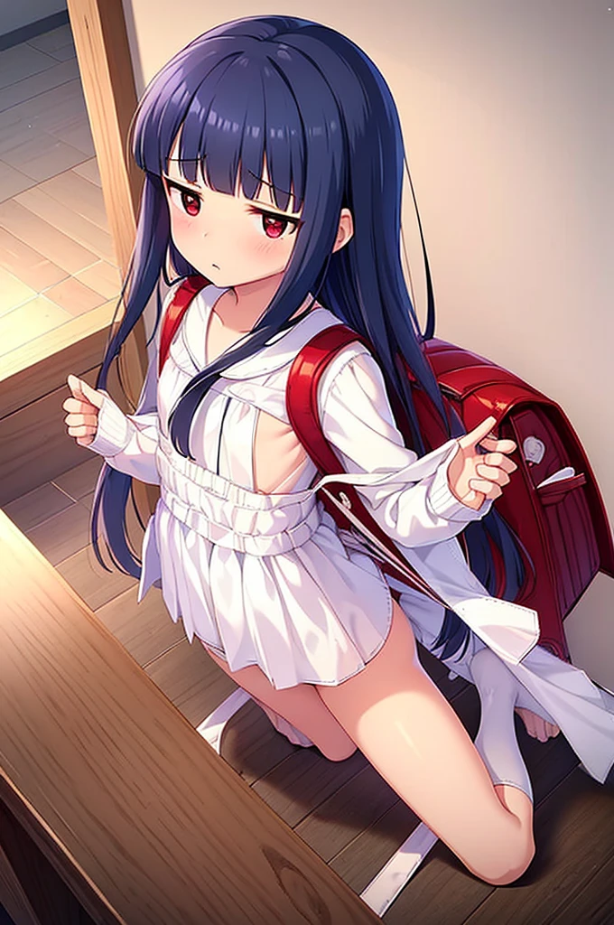 Yukimi, 10., Long Hair, Blunt bangs, Flat Chest, Expressionless, shy, whole body, Highest quality, (randoseru backpack:1.4), School classroom、In underwear、Angle from below、Kneel、(Small white panties:1.4)、(Masturbation:1.4)、(male'Head between thighs:1.4)、Striped pattern、Embarrassing、Transparent bottom、