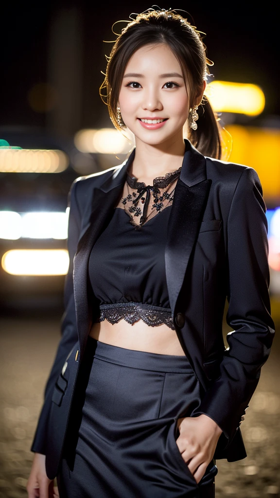 (a gorgeous lady, age 22, Formal Skirt Suit with Blouse, natural pose under night sky, friendly personality, dimpled smile, short ponytail, cute snaggletooth, ample round bosom, photorealistic, beautiful detailed eyes, beautiful detailed face, hyper-realism, high contrast, ultra HD, realistic skin textures, top image quality, top-quality, super high resolution, fine details, very meticulously, the Cowboy shot, bokeh background)