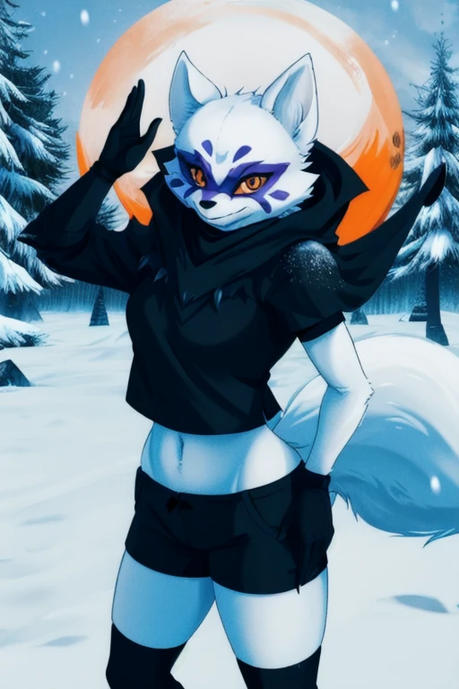 Alopex, arcticfox, tmnt, smile, orange eyes, girl1, solo, snow, black cloak, black shirt, tail, black shorts 