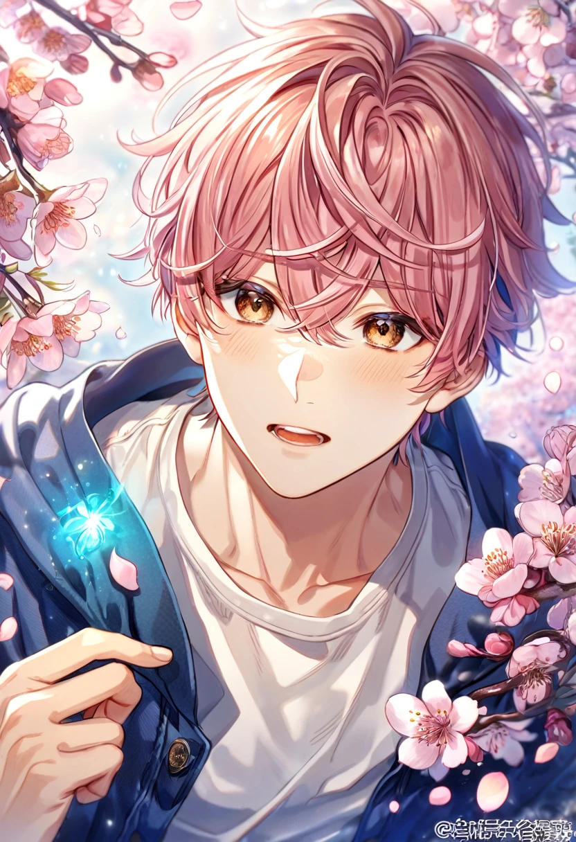 absurdres, highres, ultra detailed, HDR, master piece, Sato Mafuyu, brown-pink hair, expressive brown eyes, white shirt, blue jacket, Given, sexy man, handsome, best quality, blossoms, pink petals, pink flowers, fantasy, magical, blue shining fireflies, solo, blue and black clothes,