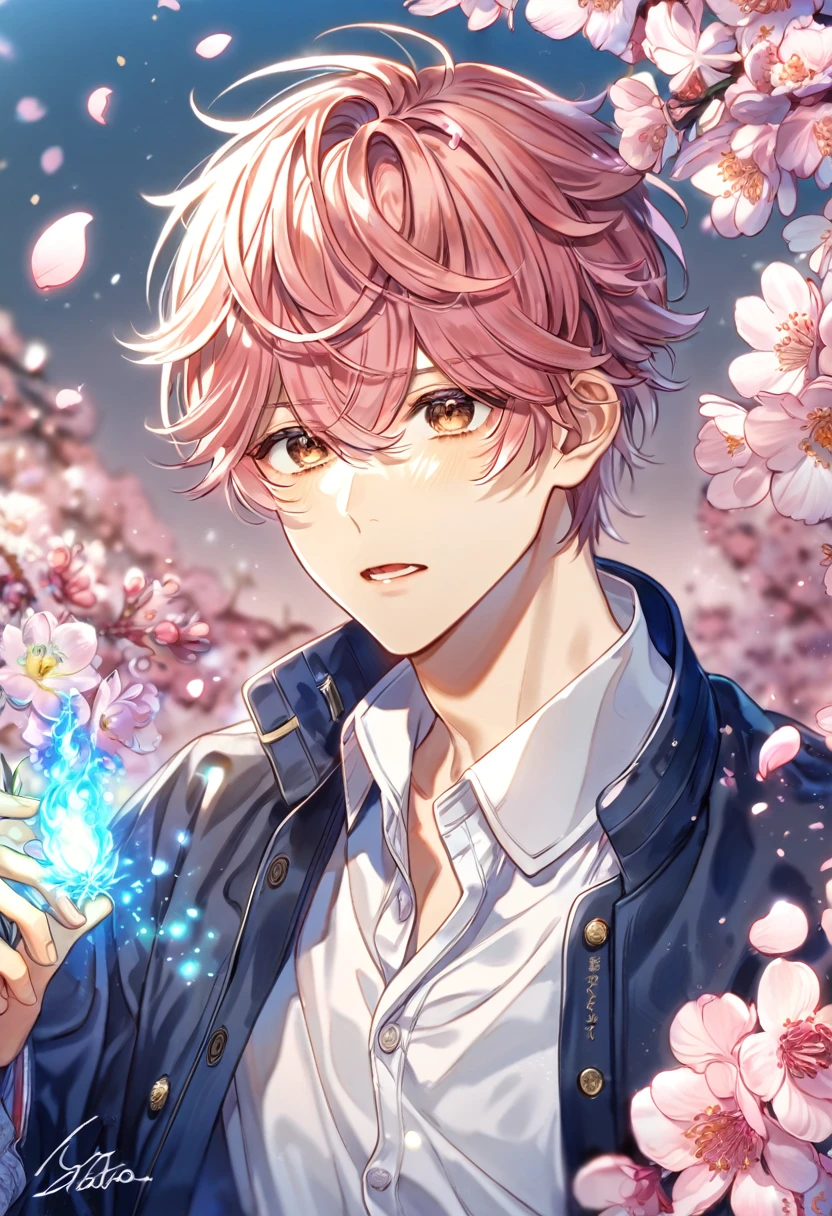 absurdres, highres, ultra detailed, HDR, master piece, Sato Mafuyu, brown-pink hair, expressive brown eyes, white shirt, blue jacket, Given, sexy man, handsome, best quality, blossoms, pink petals, pink flowers, fantasy, magical, blue shining fireflies, solo, blue and black clothes,