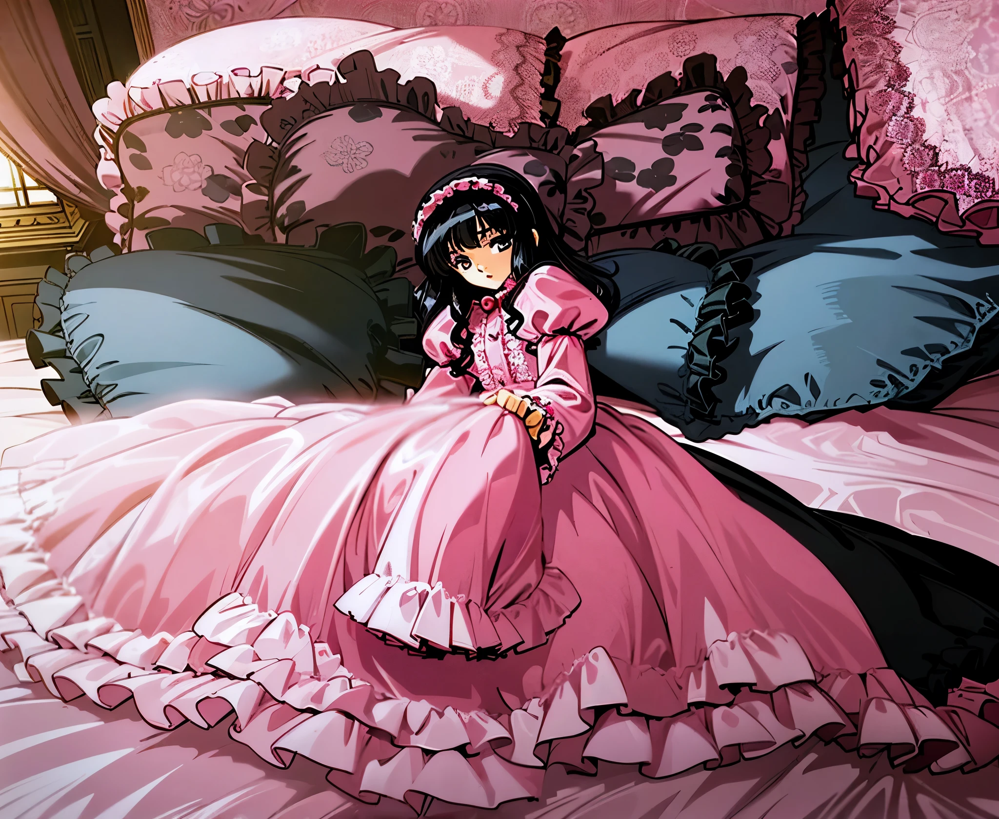 ,highest quality, masterpiece, highest resolution, artwork, 1980s styles anime illustration,(( 10 year old girl)),Super detailed baby face,high quality small face,long black hair,Japanese,landmine girl,pajamas,,curly hair,((((Pink Lolita Fashion Long Skirt One Piece Dress)))),((Cute pink pajamas with lots of frills and ribbons)),((Luxurious pink headdress with frills and ribbons)),((((black ruffles and lace)))),detailed headdress,,(((big yoke collar))),Yoke collar with ruffles and ribbons,((((long sleeve)))),ruffle sleeves,((((long skirt)))),pink and black pillow with large ruffles and ribbons,(((Nice pink outfit))),On a luxurious canopy bed,canopy bed,The bed is surrounded by luxurious curtains,There are many pink and black frilly pillows on the bed.,Behind the girl are many pink and black frilly pillows...,super detailed background,detailed bed,((((pink duvet with black lace and ruffles)))),soft pink comforter,Highly detailed soft ruffle pillow,Beautiful girl illustration,detailed beautiful face,thin hair,detailed eye ,detailed eyes,detailed mouth, arm details,fine hands,Detailed pillow,wide bed,Illustration on the bed, ,((((round futon)))),((((A large pink futon that covers the entire bed)))),detailed comforter,detailed bedシーツ,Before bedtime,romantic atmosphere,palace bedroom,((((The lower body is hidden under a large futon....)))) The girl is leaning on a pile of pillows, ,((((round futon)))),((((Large pink ruffle comforter with black ruffles and lace covering the entire bed)))),look at me with contempt,Hold your hands,bring both hands close to the mouth,