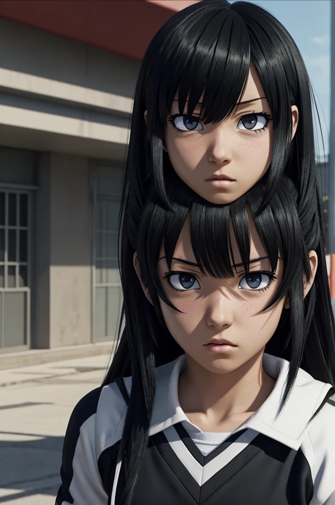 Screenshot of my hero academia(2d anime).
 Girl with long straight black hair with bangs. Dark black eyes and has a cold and disappointed expression. He is wearing the UA uniform and in the background you can see the destroyed city 