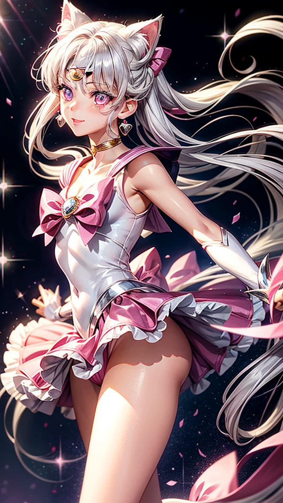 Silver hair, pink eyes, body, cat ears, woman, earrings, sparkle background, pink clothes, hair bows, happy face, princess, sailor moon outfit 