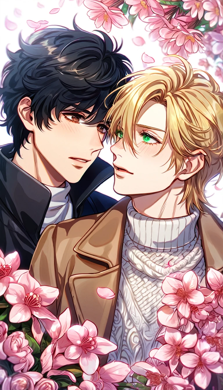 absurdres, highres, ultra detailed, HDR, master piece, best quality, Ash Lynx, blonde hair, expressive green eyes, banana fish, Okumura Eiji, black hair, expressive brown eyes, two sexy men together, yaoi, gay couple, handsome, brown coat, white sweater, black coat, fantasy, shining, pink flowers, pink blossoms, pink butterflies, pink petals