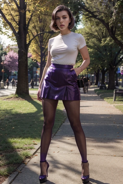 Millie bobbie brown look a like, tiny miniskirt,  FULL DETAILED PURPLE LONG PANTYHOSE,  high heels,  sun light park 