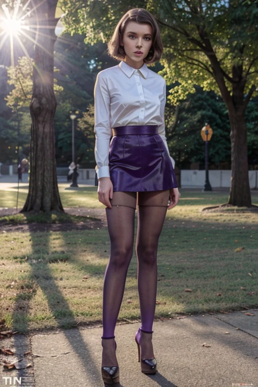 Millie bobbie brown look a like, tiny miniskirt, FULL DETAILED PURPLE LONG PANTYHOSE, high heels, sun light park
