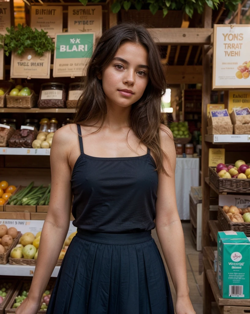 a cute girl in underwear appeared that sunny afternoon outside the natural food market, her ombre hairstyle, whisps of hair frame her face, soft natural skin, from the deep dark blue shadows, she wears a Janiyah Top, a stunning Pleated Dip Dye Midi Skirt, with black roman sandals, she's elegant, playful, noticing the fresh produce, lively, she glances to the side towards me, rosy cheeks, sun-kissed, to the camera, I catch her look, she's curious, she's distracted, we vanish into the market together