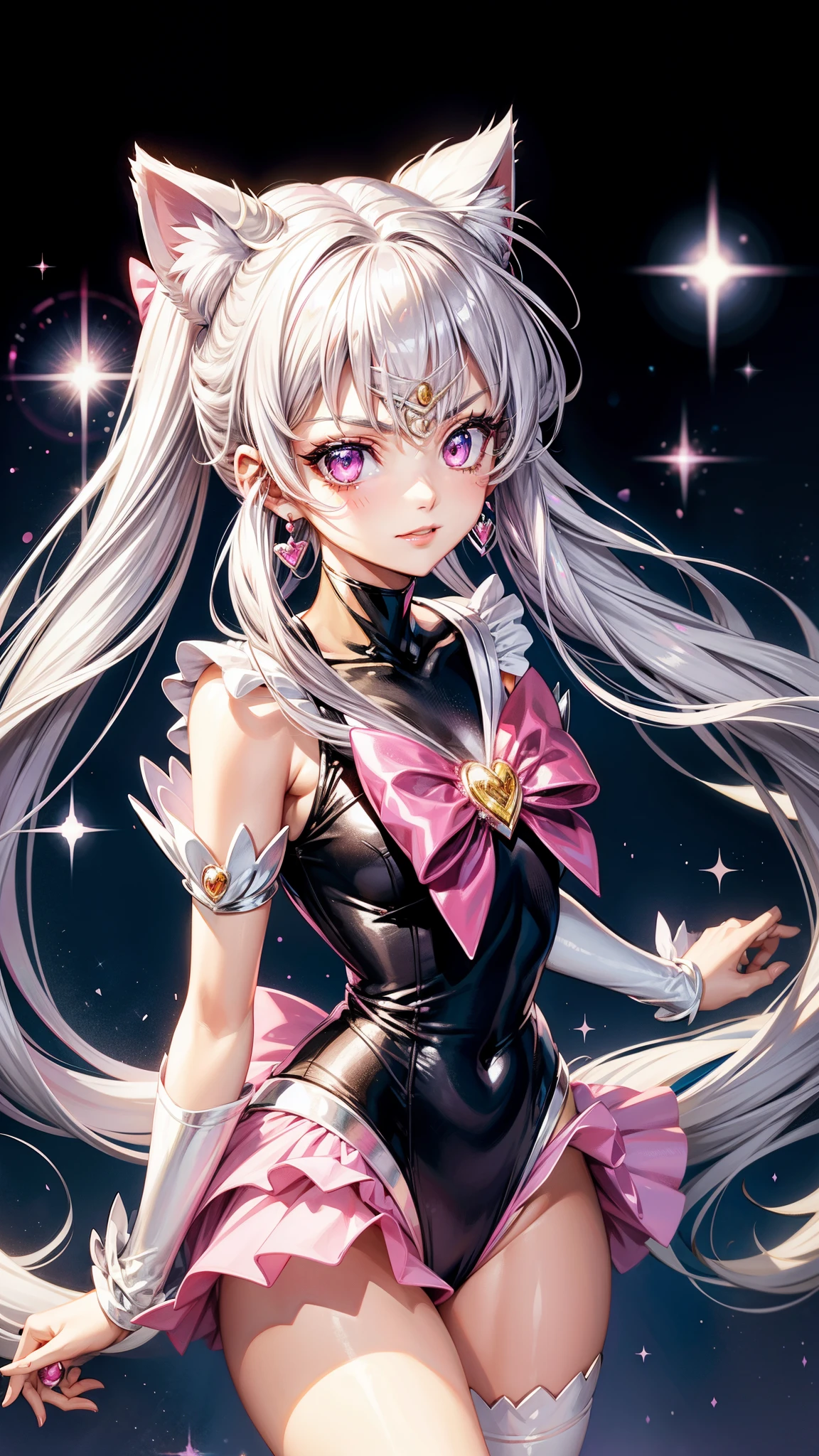 Silver hair, pink eyes, body, cat ears, woman, earrings, sparkle background, hot pink clothes, hair bows, happy face, princess, sailor moon outfit 