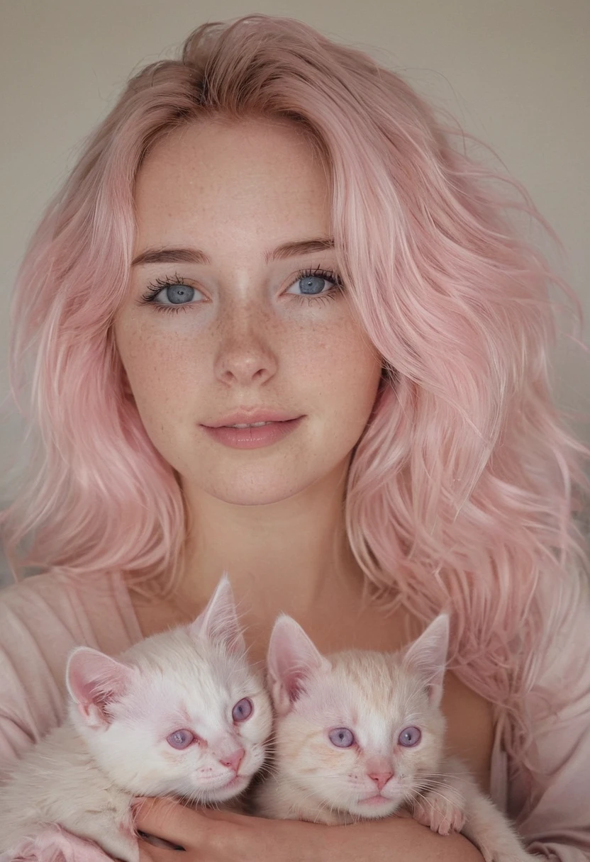 instagram photo,21 years old Charlotte, dressed in tight top, cleavage, dirty pastel pink hair, fair pale skin, happy, cuddling with her kitten, soft fur, beautiful hazelnut eyes, hard shadows, dark, nighttime, overexposed filter nude