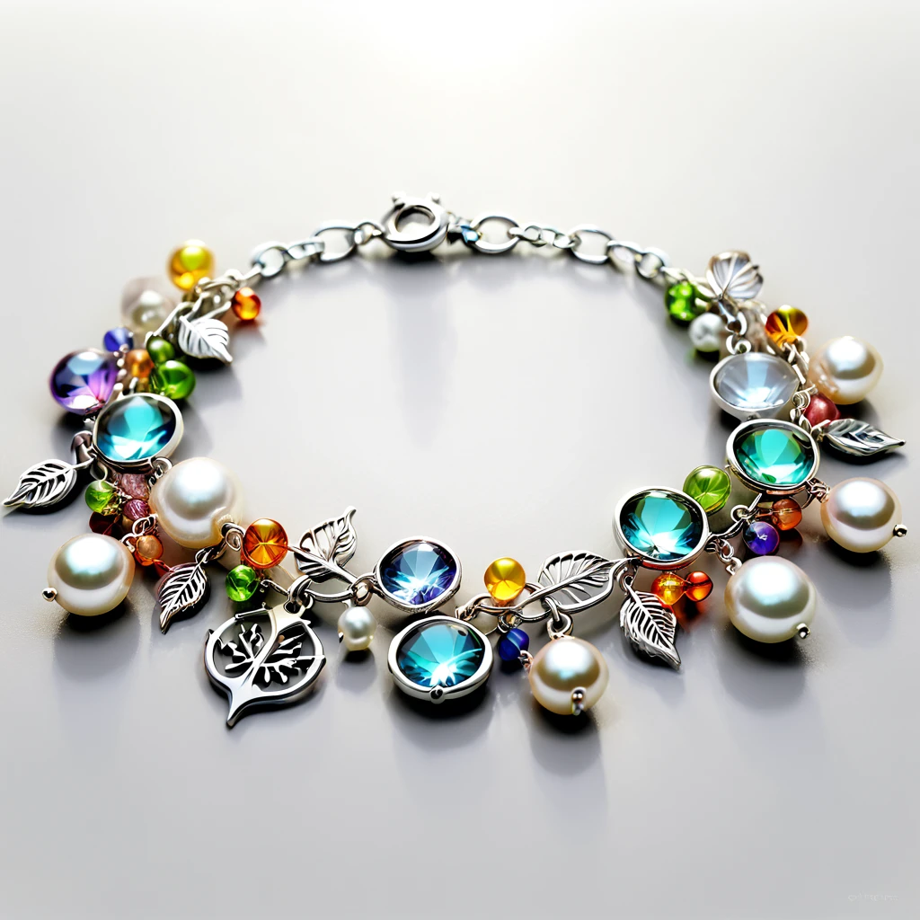 A shiny silver bracelet, marine-themed charms, pearls, transparent colorful beads, delicate thin chain, (best quality, 4k, 8k, highres, masterpiece:1.2), ultra-detailed, (realistic, photorealistic, photo-realistic:1.37), intricate jewelry design, exquisite craftsmanship, shimmering metallic, ocean-inspired, iridescent pearls, vibrant hues, delicate filigree, elegant accessory, feminine aesthetics, close-up, detailed texture, soft focus, warm lighting