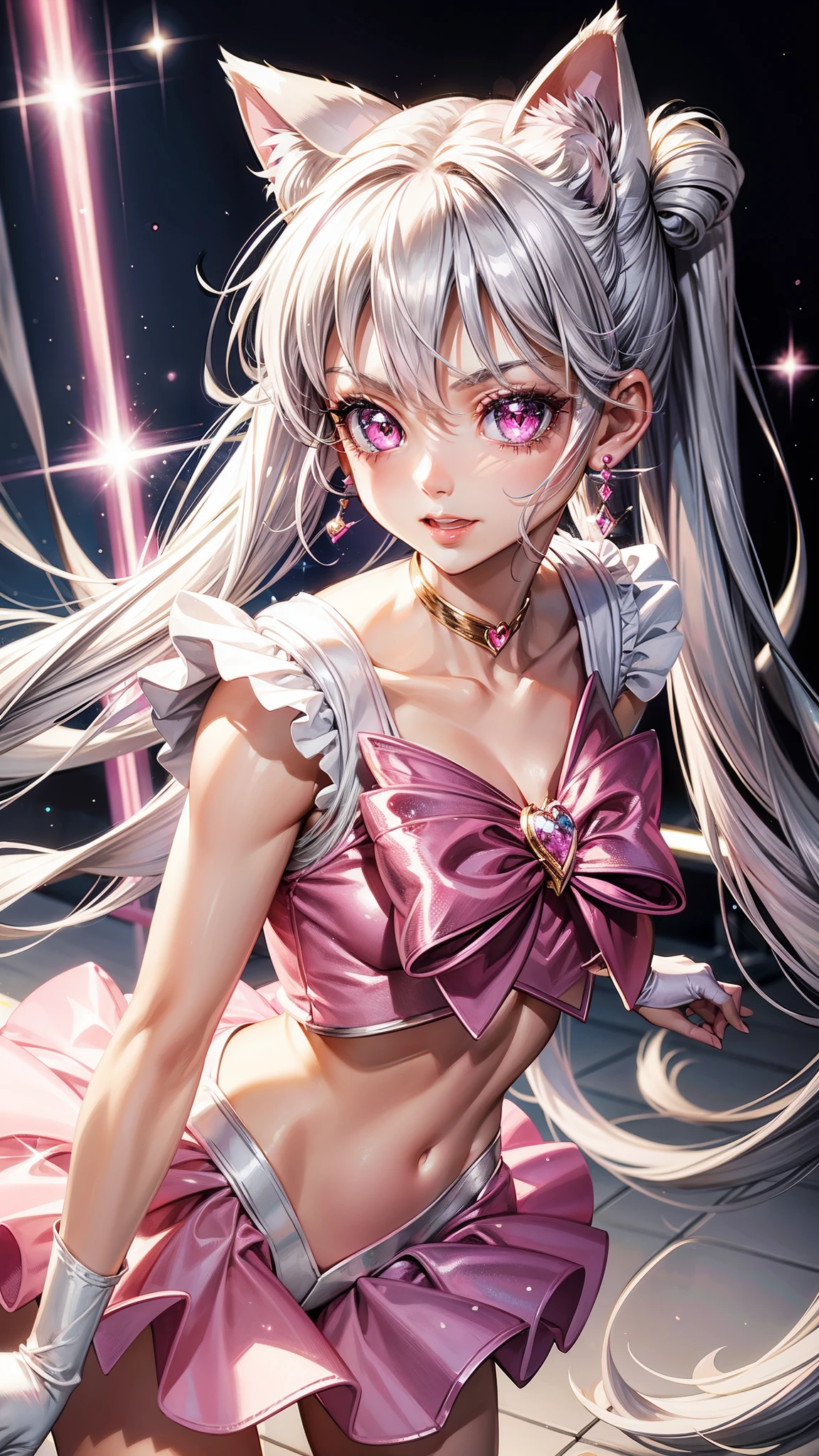 Silver hair, pink eyes, body, cat ears, woman, earrings, sparkle background, pink clothes, hair bows, happy face, princess, sailor moon outfit 