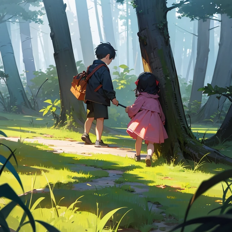 2 children, 1 girl, 1 boy, playing, forest in the background