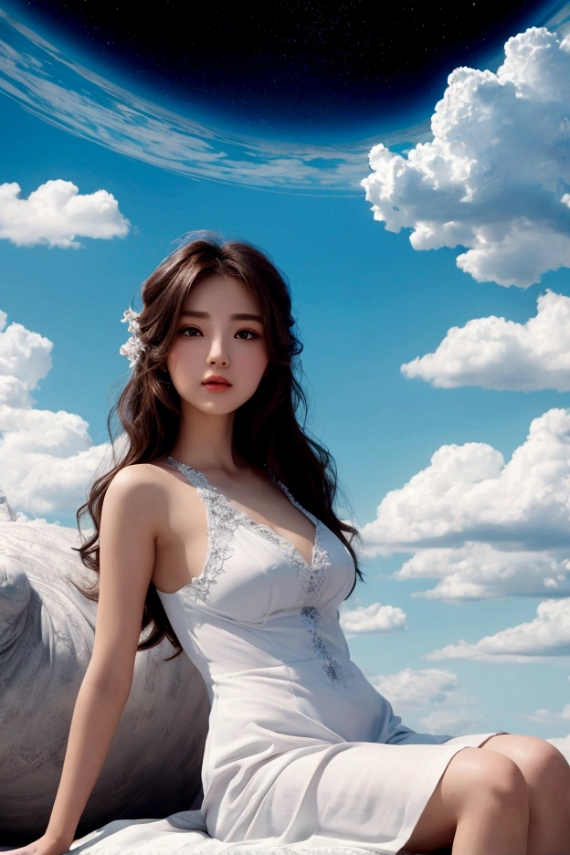 beautiful woman sitting on a cloud,