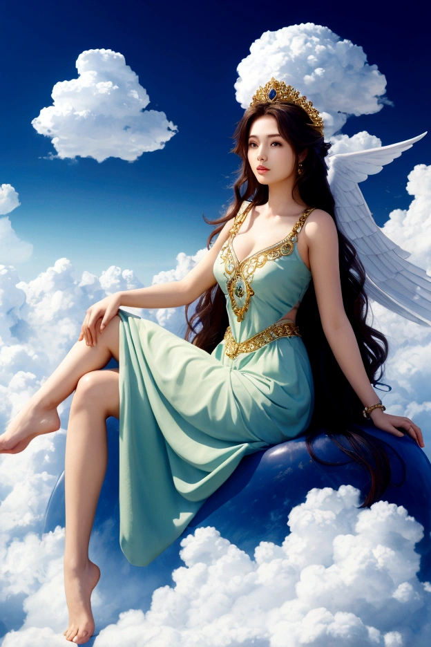 beautiful woman sitting on a cloud,
