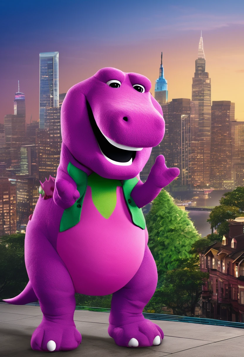 Barney the dinosaur standing on a city