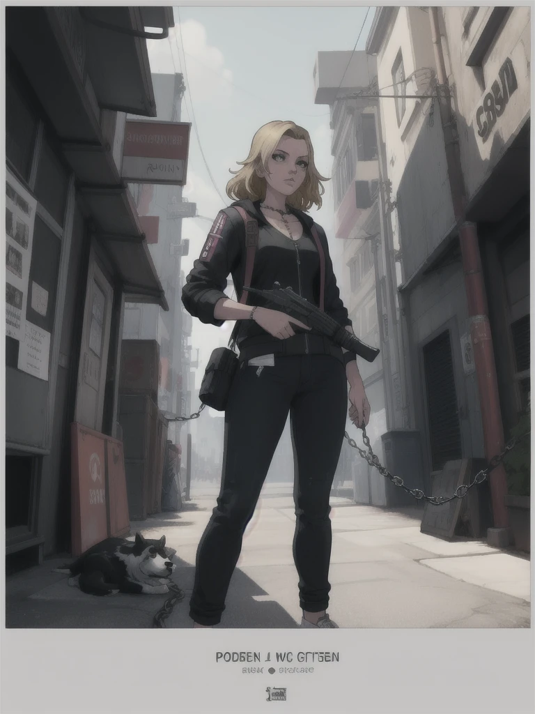GTAV Loading Screen 2D Graphics, wide angle, whole body, blonde girl standing , holding a machine gun and a pitbull with a chain on a leash, GTA5 character, cinematographic composition, in front of a city, shadow, bright cinematic lighting, soft contrast, GTA5 loading screen, gta art, 4K Wallpaper, 4K Wallpaper, high quality 4k wallpaper, gta loading screen graphics, arte the fan, art of rockstar games