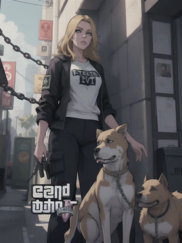 GTAV Loading Screen 2D Graphics, wide angle, whole body, blonde girl standing , holding a machine gun and a pitbull with a chain on a leash, GTA5 character, cinematographic composition, in front of a city, shadow, bright cinematic lighting, soft contrast, GTA5 loading screen, gta art, 4K Wallpaper, 4K Wallpaper, high quality 4k wallpaper, gta loading screen graphics, arte the fan, art of rockstar games