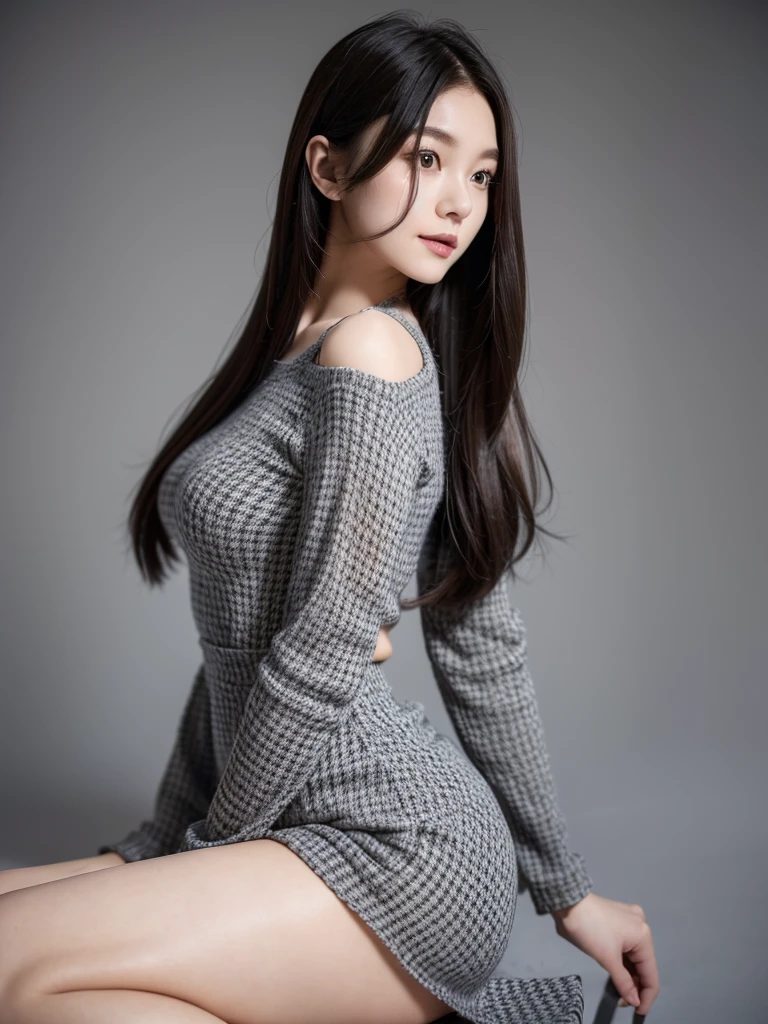 Grey Houndstooth Dress、(Highest quality)、((Very detailed))、4K、(8K)、masterpiece、Very detailedな、Highest quality、Super Resolution、1 person、Kind Face、Soft Light、RAW quality、Soft Skin、163cm、White Room:1.5、Thighs