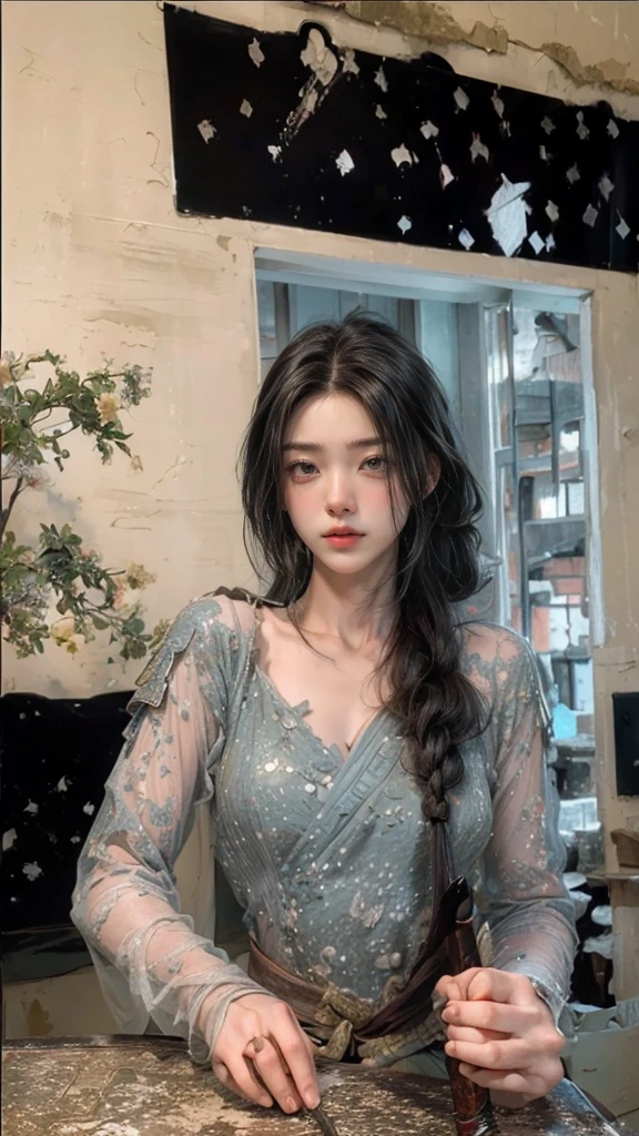 ((Masterpiece, Top Quality, High Resolution, Photorealistic, Raw, 8K wallpaper)), A female swordsman in Chinese clothes, Hero of the Three Kingdoms, (A large sword is held in both hands), She has long black hair tied back, wears iron armor and a red cape, Surrounded by enemy soldiers with a burning city in the background,