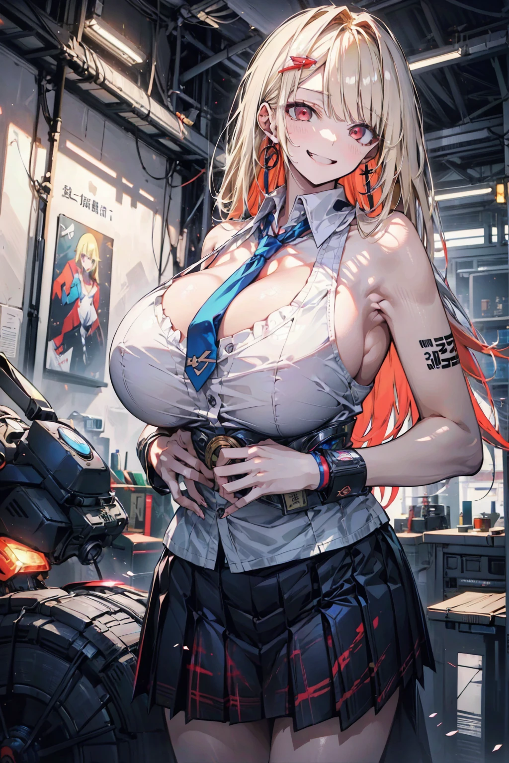 masterpiece, best quality, high resolution, Beichuan Navy, 1 Girl, Blonde hair, Long hair, Colorful hair, Red Eyes, Jewelry, earrings, punching, , White shirt, Tie-Dye Shirt, Black necklace, Blue tie, Plaid skirt, Grin, Smile, permanent, Cowboy shooting, outdoor,huge , Crazy breast swelling, Chest larger than shoulder blades, Big breasts and thin waist,(huge breasts:1.2),Hydrated skin((rogue))((非常huge乳房)),((Grooves reveal original skin))