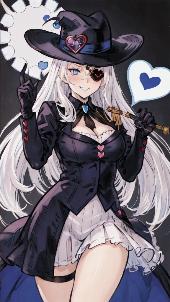  seargent woman, [white hair], pupils, watching the vewier, 
full picture, ultra detailed, 
glowing blue eyes, medium size hat, poutlines, yandere makeup, 
(eye patch), embarrassed, heart-shaped pupils, 
evil grin