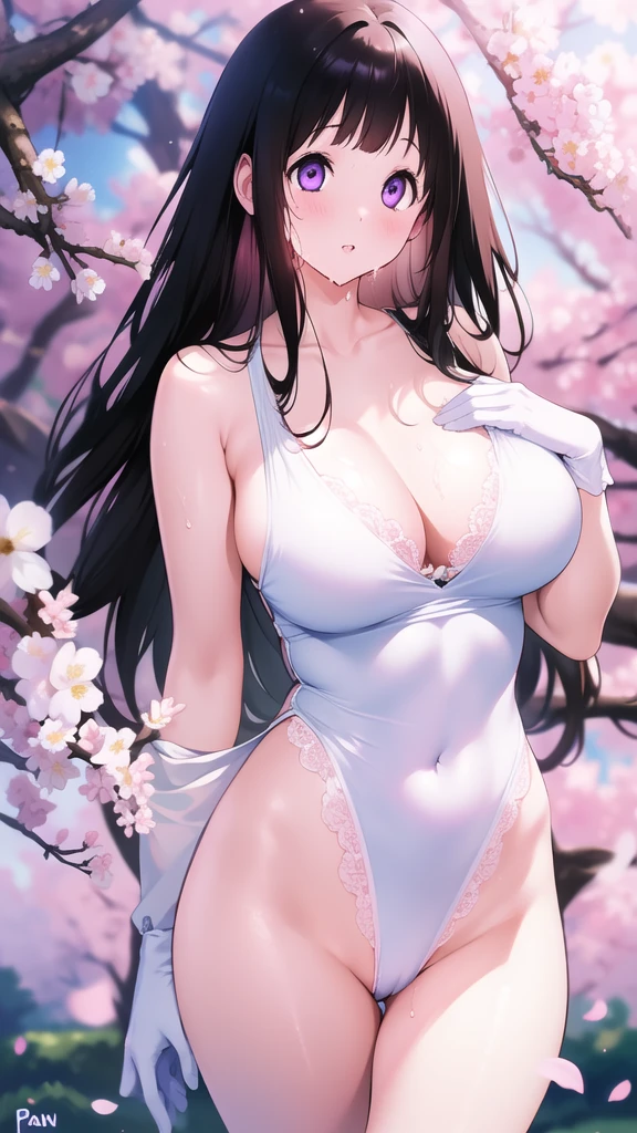 Amazing Chitanda, There is only one beautiful girl,Purple Eyes, Black Hair, Very red face,Very white skin,Glowing skin,Skin as delicate as porcelain,Naturally straight hair, Straight bangs,Extremely refined,Open lips,Long flowing hair,Beautiful Girl, Like a dream,Slim,Slim waist,Soft, (Sensual), (Kawaii), Dream quality,Beautiful ,Transparent loose school uniform,Areola,Comp naked,Lower edge east,White gloves,Flecoration,Deep V neckline,Loose neckline,Lace-up,Wide neckline,Walking in school,Place your hands on your inner thighs,Thighs clamp hands,Wet skin,Sweaty and sweaty,Sweating all over,Underwear Rain,Next to the cherry blossom trees,Back to,Lean over,Hips,Side body,Gluteal groove,Completely naked的臀部,Bare back,Completeled的背部,Light transmission,(no p,nopan,pussy juice,Bare shoulders,Bare neck,Ed collarbone,Exposing breasts,Exposing breasts侧面,Exposing breasts your waist,Show ttocks,Show your thposing the groin,(No pants),extremeltra-high resolution, (masterpiece:1.2, best quality), (Delicate and beautiful eyes: 1.2), (Beautiful and delicate face)