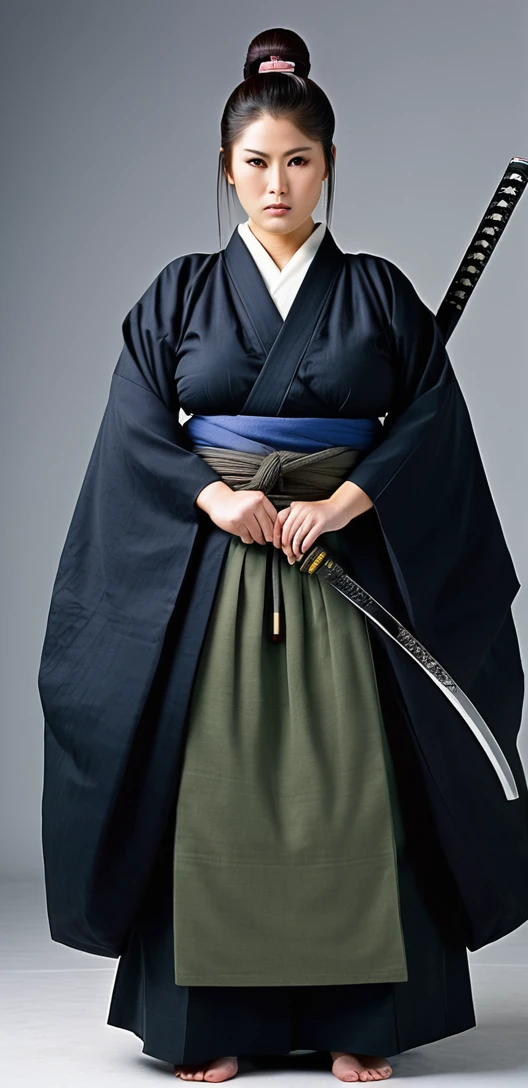 Samurai woman with gigantic round breast that are twice the size of her head, she has extremely wide hips, she wears a long dark hakama that covers her body, holding katana, she has a serious look on her face, ready for battle