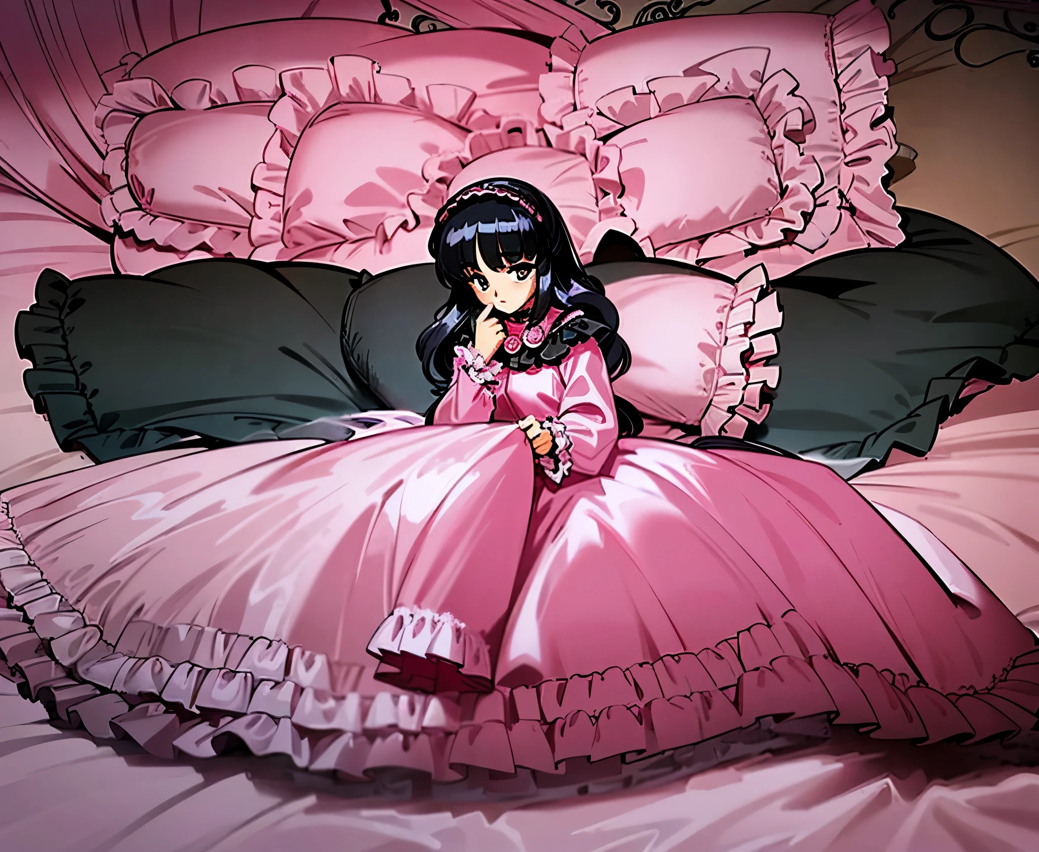 ,highest quality, masterpiece, highest resolution, artwork, 1980s styles anime illustration,((  girl)),Super detailed baby face,high quality small face,long black hair,Japanese,landmine girl,pajamas,,curly hair,((((Pink Lolita Fashng Skirt One Piece Dress)))),((Cute pink pajamas with lots of frills and ribbons)),((Luxurious pink headdress with frills and ribbons)),((((black ruffles and lace)))),detailed headdress,,(((big yoke collar))),Yoke collar with ruffles and ribbons,((((long sleeve)))),ruffle sleeves,((((long skirt)))),pink and black pillow with large ruffles and ribbons,(((Nice pink outfit))),On a luxurious canopy bed,canopy bed,The bed is surrounded by luxurious curtains,There are many pink and black frilly pillows on the bed.,Behind the girl are many pink and black frilly pillows...,super detailed background,detailed bed,((((pink duvet with black lace and ruffles)))),soft pink comforter,Highly detailed soft ruffle pillow,Beautiful girl illustration,detailed beautiful face,thin hair,detailed eye ,detailed eyes,detailed mouth, arm details,fine hands,Detailed pillow,wide bed,Illustration on the bed, ,((((round futon)))),((((A large pink futon that covers the entire bed)))),detailed comforter,detailed bedシーツ,Before bedtime,romantic atmosphere,palace bedroom,((((The lower body is hidden under a large futon....)))) The girl is leaning on a pile of pillows, ,((((round futon)))),((((Large pink ruffle comforter with black ruffles and lace covering the entire bed)))),look at me with contempt,Hold your hands,bring both hands close to the mouth,