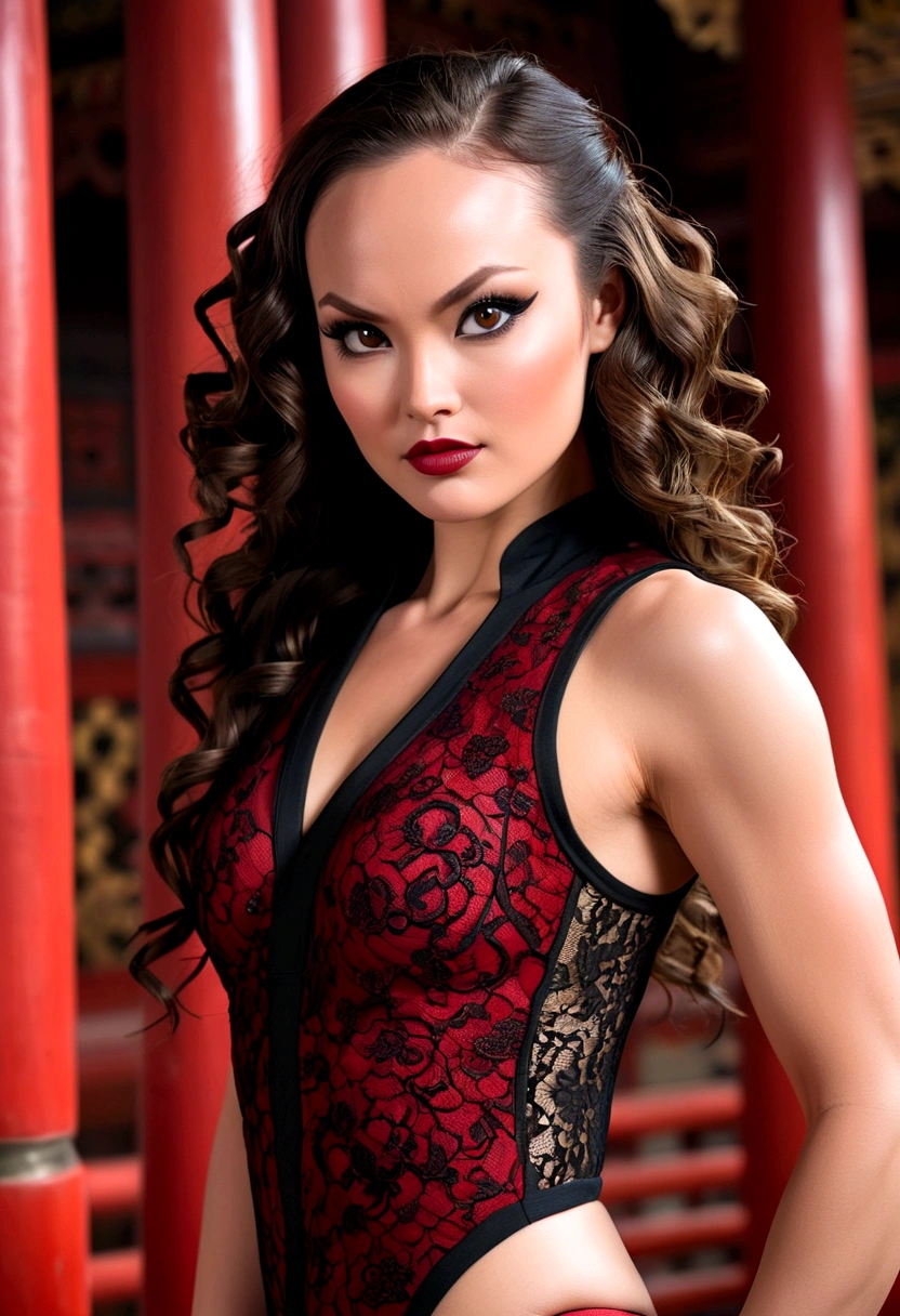 Tori Black asian ninja warrior, ringlets wavy five feet long black hair, dark red glossy lips, heavy black eye shadow long black eyeliner, black lace beautiful and creative sleeveless ninja warrior bodysuit, forehead lace ornament, posing in a Shaolin temple interior, happy expression dark ambience. No faces on her chest!