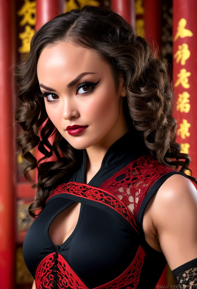 Tori Black asian ninja warrior, ringlets wavy five feet long black hair, dark red glossy lips, heavy black eye shadow long black eyeliner, black lace beautiful and creative sleeveless ninja warrior bodysuit, forehead lace ornament, posing in a Shaolin temple interior, happy expression dark ambience. No faces on her chest!