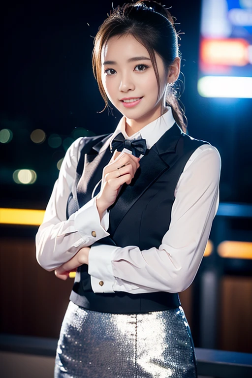 (a gorgeous lady, age 22, Formal Skirt Suit with Blouse, natural pose under night sky, friendly personality, Tokyo tower, dimpled smile, short ponytail, cute snaggletooth, ample round bosom, photorealistic, beautiful detailed eyes, beautiful detailed face, hyper-realism, high contrast, ultra HD, realistic skin textures, top image quality, top-quality, super high resolution, fine details, very meticulously, the Cowboy shot, bokeh background)
