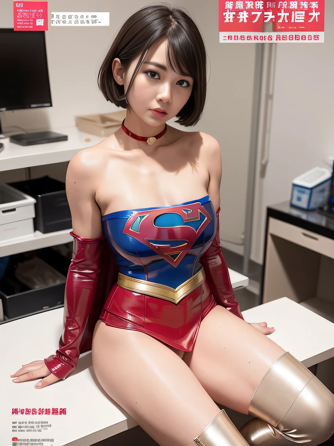 masterpiece、Supergirl Costume、short hair、operating table、Patent leather boots、Big and ample breasts、choker、Long sleeve、Red mini skirt、Looking at the camera、Research Room、Messy lab equipment、Inspection equipment、Medical equipment、Medical practice、Physical examination、latex、Alluring、Weekly magazine cover、Off the shoulder、Beautiful legs appeal、
